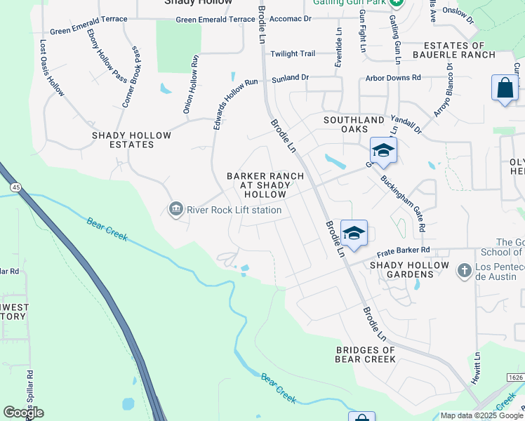 map of restaurants, bars, coffee shops, grocery stores, and more near 12317 Gatling Gun Lane in Austin