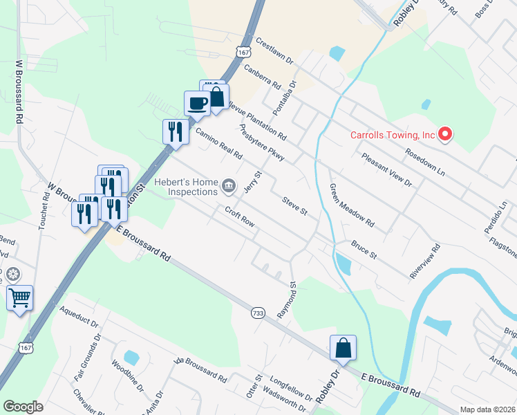 map of restaurants, bars, coffee shops, grocery stores, and more near 209 Driftwood Drive in Lafayette