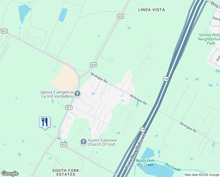 map of restaurants, bars, coffee shops, grocery stores, and more near 10701 McAngus Road in Del Valle
