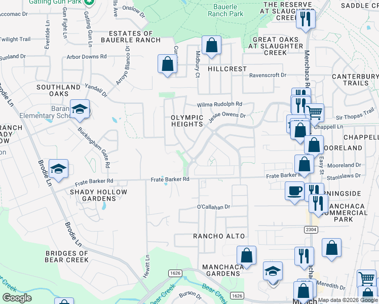 map of restaurants, bars, coffee shops, grocery stores, and more near 11813 Johnny Weismuller Lane in Austin