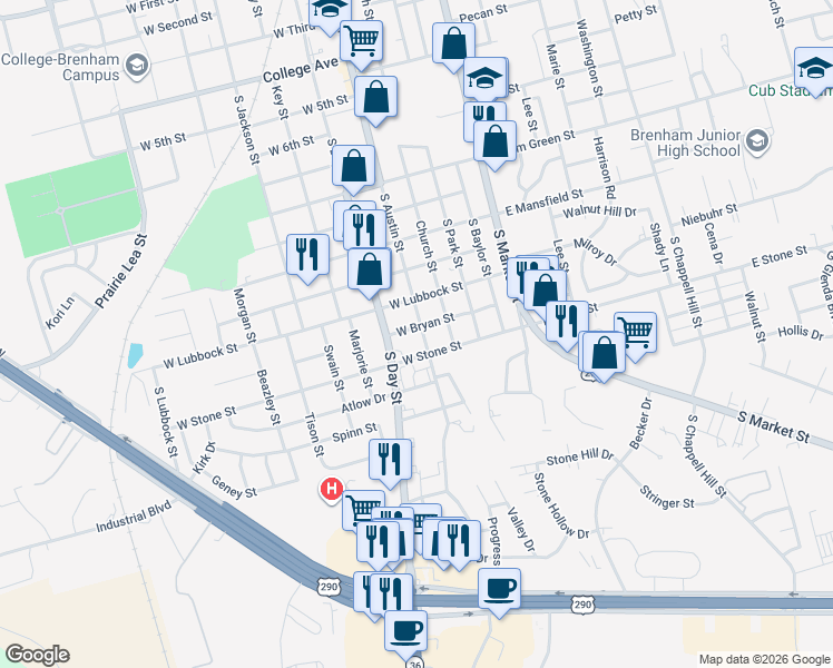 map of restaurants, bars, coffee shops, grocery stores, and more near 1902 South Austin Street in Brenham
