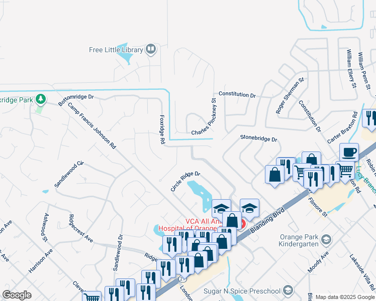 map of restaurants, bars, coffee shops, grocery stores, and more near 233 Foxridge Road in Orange Park