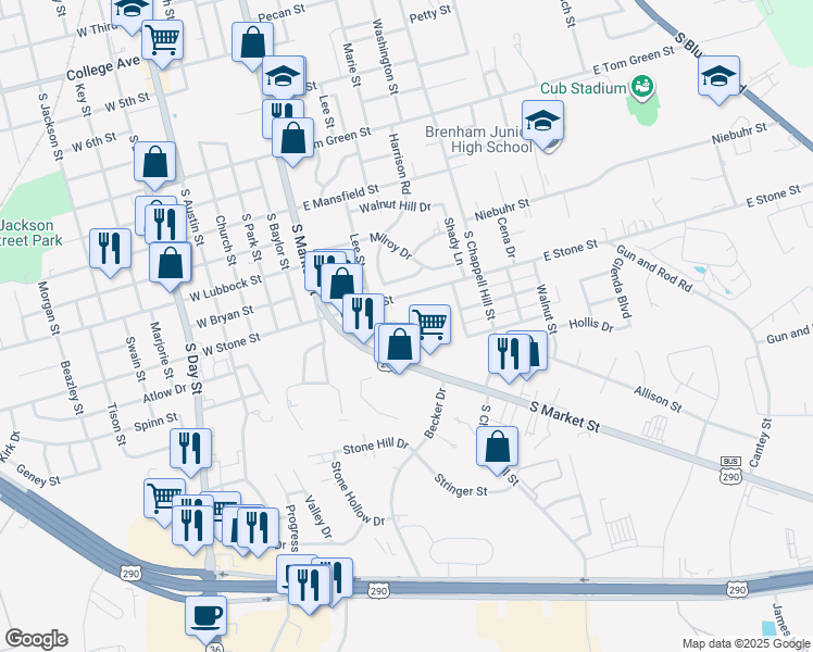 map of restaurants, bars, coffee shops, grocery stores, and more near 2015 Lee Street in Brenham