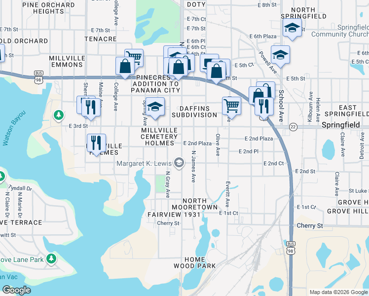 map of restaurants, bars, coffee shops, grocery stores, and more near 226 North East Avenue in Panama City