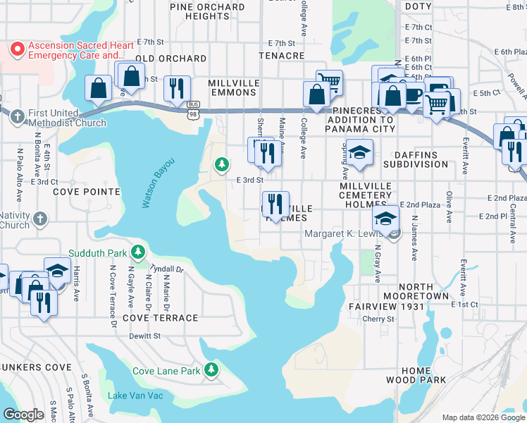 map of restaurants, bars, coffee shops, grocery stores, and more near 226 Sherman Avenue in Panama City