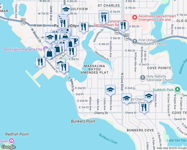 map of restaurants, bars, coffee shops, grocery stores, and more near 307 Wilson Avenue in Panama City