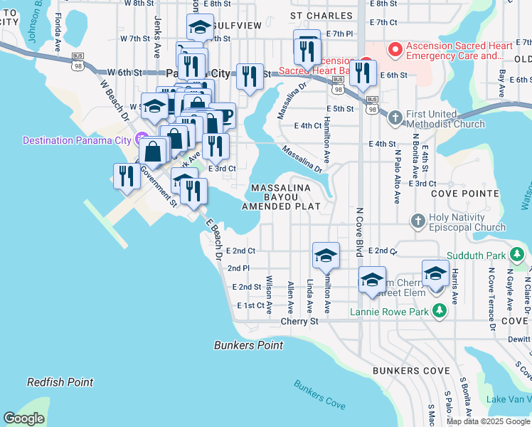 map of restaurants, bars, coffee shops, grocery stores, and more near 307 Wilson Avenue in Panama City
