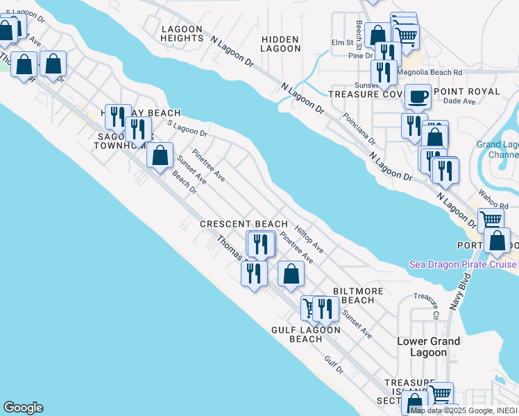 map of restaurants, bars, coffee shops, grocery stores, and more near 6026 Pinetree Avenue in Panama City Beach