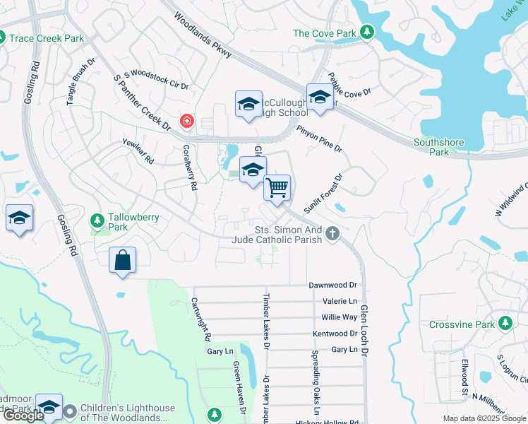 map of restaurants, bars, coffee shops, grocery stores, and more near 27130 Glen Loch Drive in The Woodlands