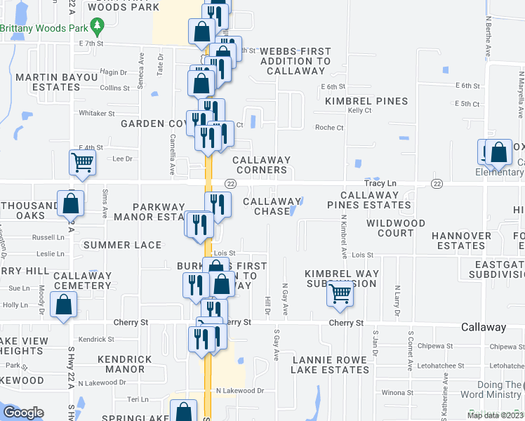 map of restaurants, bars, coffee shops, grocery stores, and more near 247 Callaway Chase Lane in Panama City