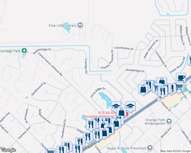 map of restaurants, bars, coffee shops, grocery stores, and more near 233 Foxridge Road in Orange Park