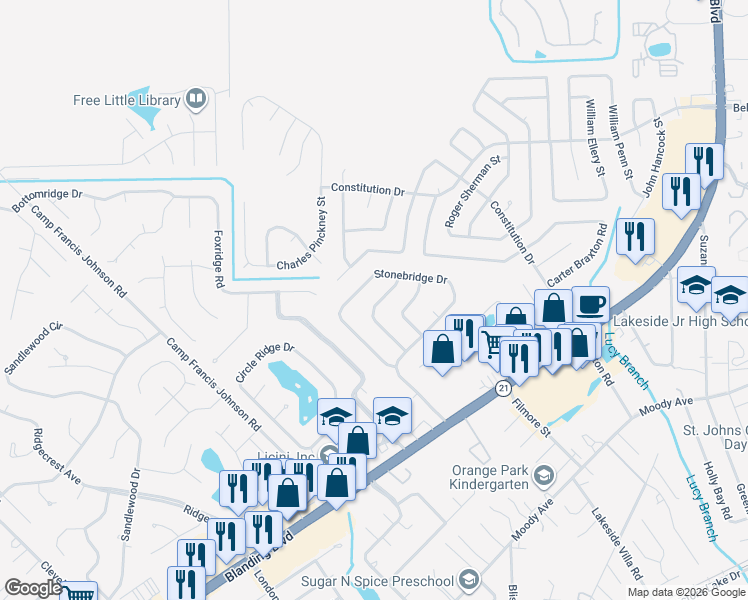 map of restaurants, bars, coffee shops, grocery stores, and more near 977 Cobblestone Dr in Orange Park