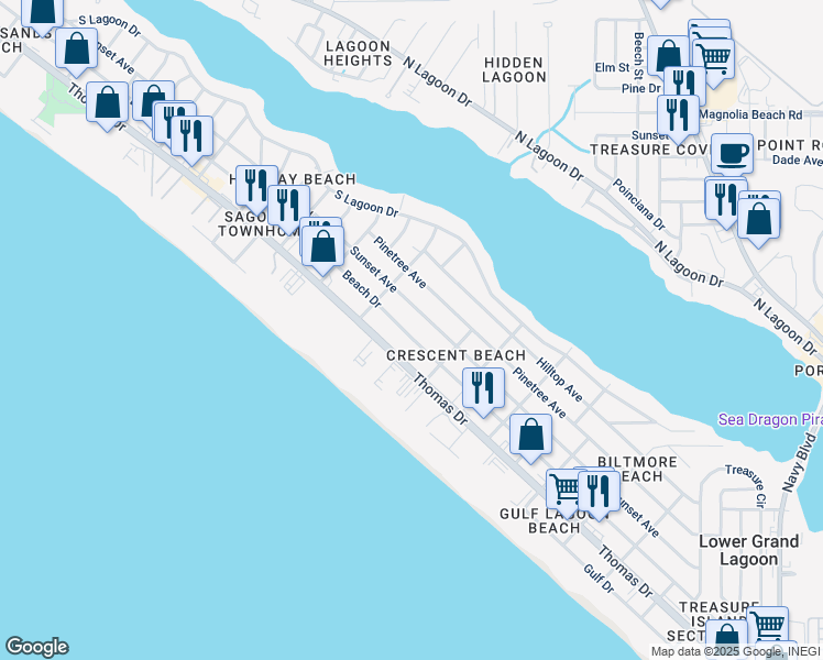 map of restaurants, bars, coffee shops, grocery stores, and more near 6218 Beach Drive in Panama City Beach