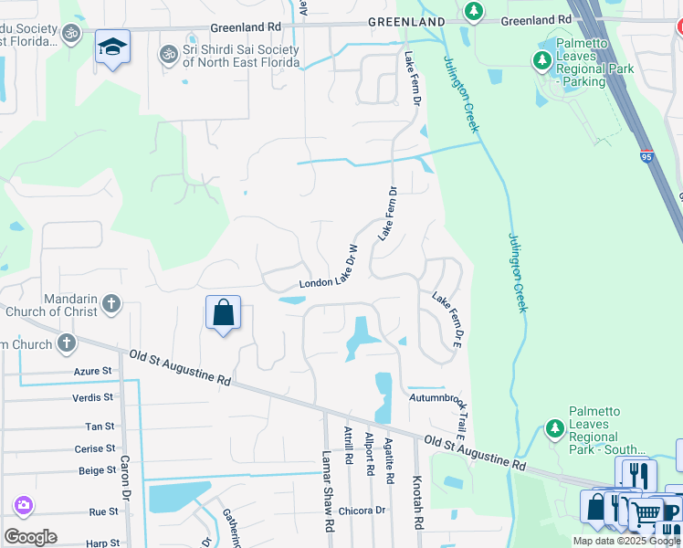 map of restaurants, bars, coffee shops, grocery stores, and more near 5477 London Lake Drive West in Jacksonville