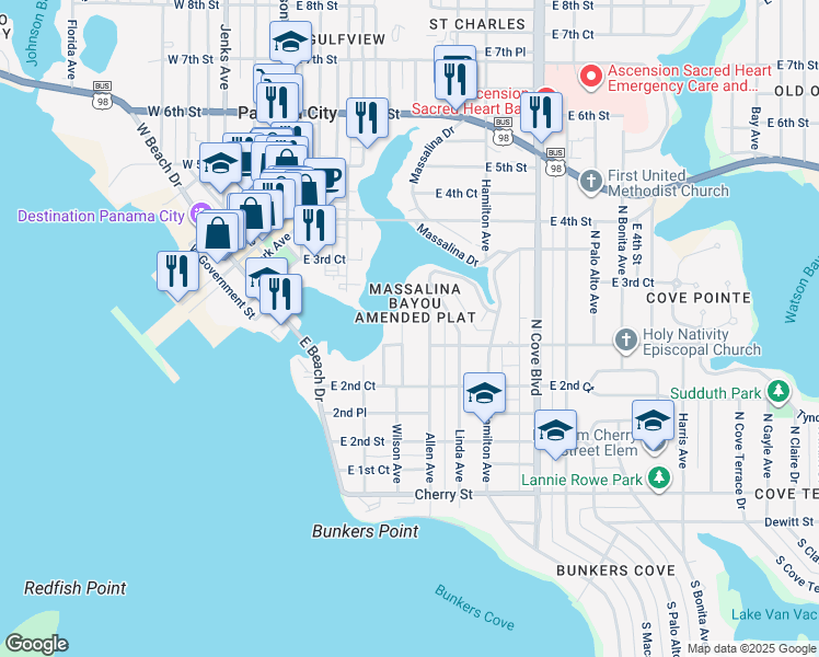 map of restaurants, bars, coffee shops, grocery stores, and more near 307 Wilson Avenue in Panama City