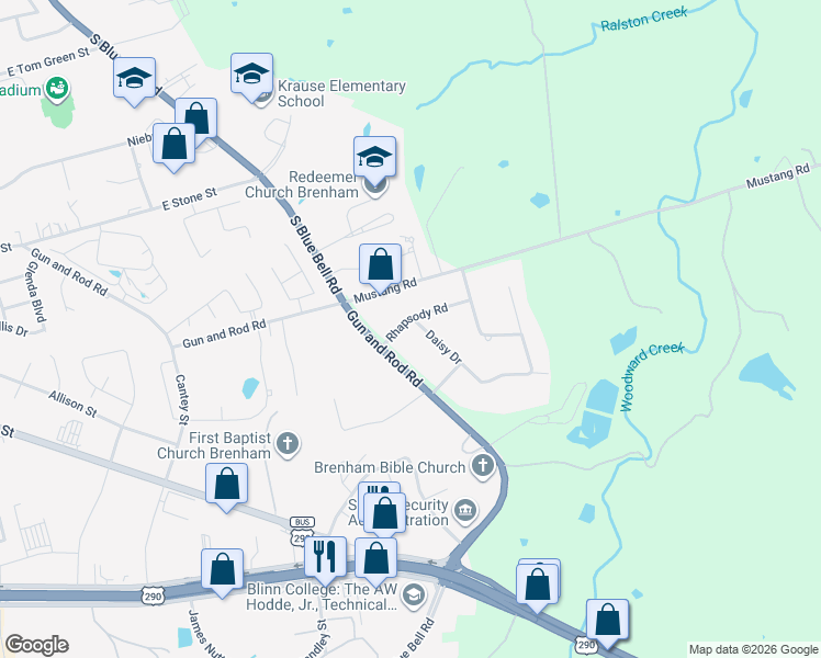 map of restaurants, bars, coffee shops, grocery stores, and more near 2501 Rhapsody Road in Brenham