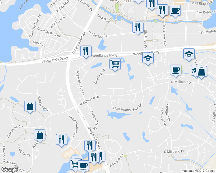 map of restaurants, bars, coffee shops, grocery stores, and more near 12 Buttonbush Court in Spring