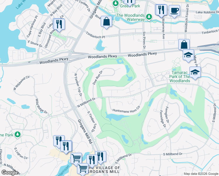map of restaurants, bars, coffee shops, grocery stores, and more near 12 Buttonbush Court in Spring