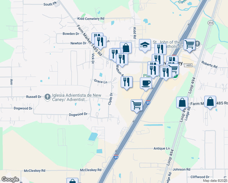 map of restaurants, bars, coffee shops, grocery stores, and more near 20381 Clyde Drive in New Caney