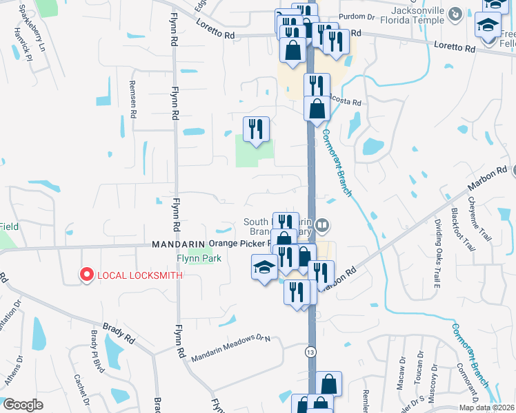map of restaurants, bars, coffee shops, grocery stores, and more near 11559 Sweetholly Way in Jacksonville