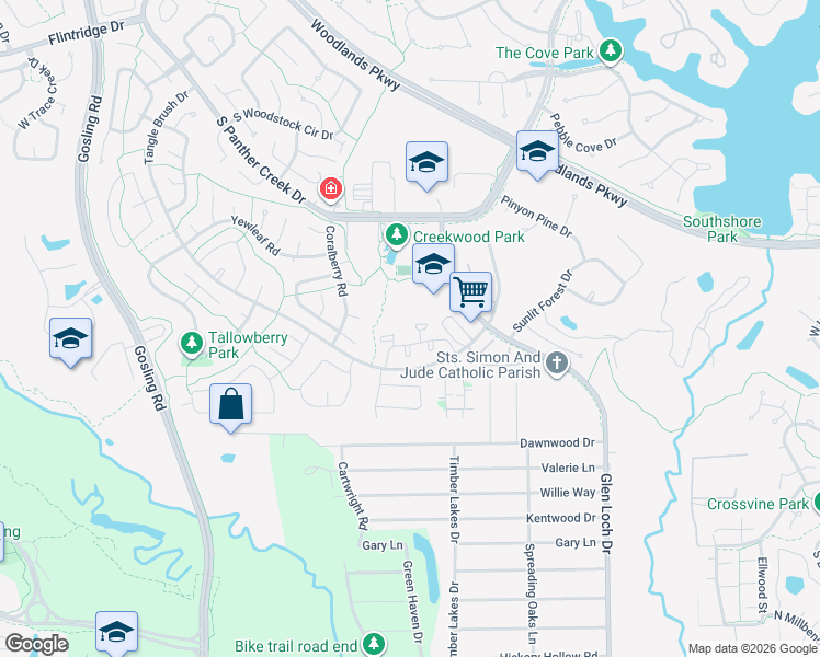 map of restaurants, bars, coffee shops, grocery stores, and more near 3500 Tangle Brush Drive in The Woodlands
