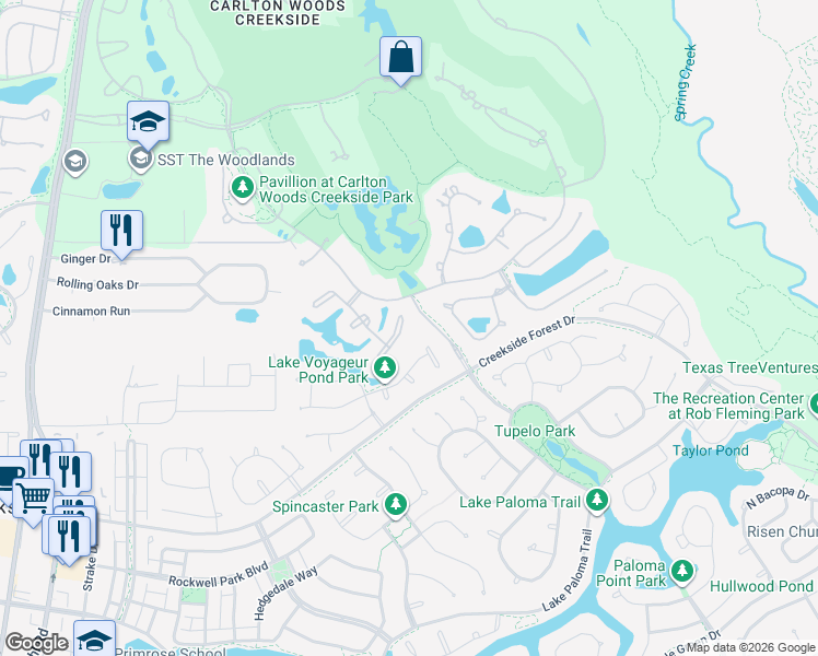map of restaurants, bars, coffee shops, grocery stores, and more near 34 Johnathan Landing Court in Spring