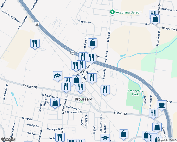 map of restaurants, bars, coffee shops, grocery stores, and more near 109 3rd Street in Broussard