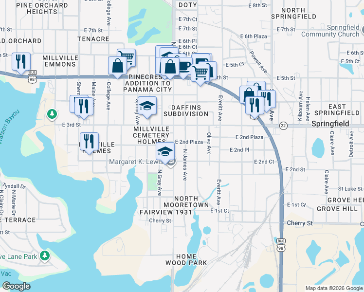 map of restaurants, bars, coffee shops, grocery stores, and more near 231 North James Avenue in Panama City