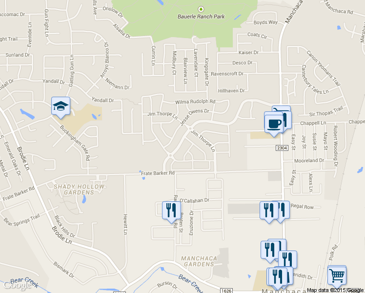 map of restaurants, bars, coffee shops, grocery stores, and more near 2609 Marcus Abrams Boulevard in Austin