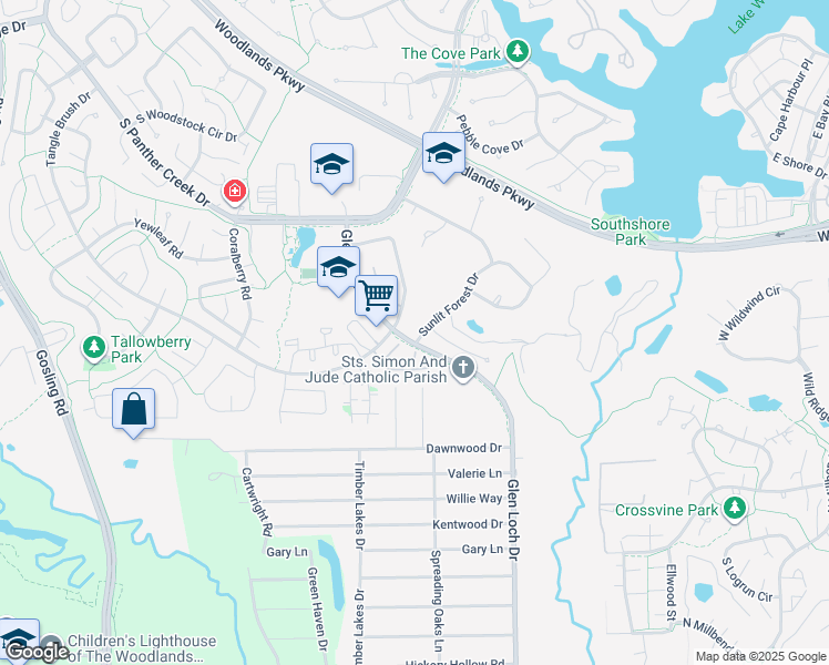 map of restaurants, bars, coffee shops, grocery stores, and more near 60 Sunlit Forest Drive in Spring