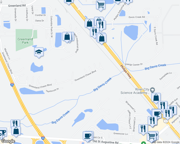 map of restaurants, bars, coffee shops, grocery stores, and more near 12194 Hazelmoor Court in Jacksonville