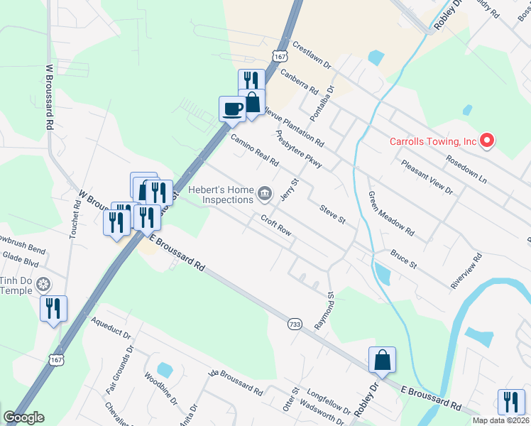 map of restaurants, bars, coffee shops, grocery stores, and more near 302 Croft Row in Lafayette