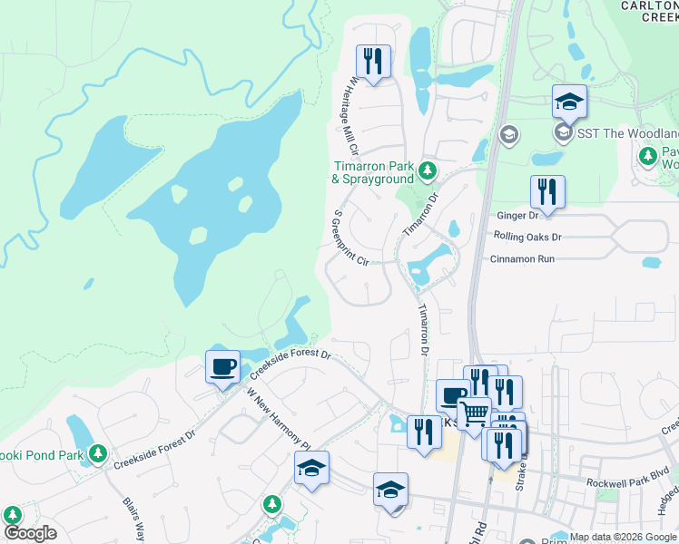 map of restaurants, bars, coffee shops, grocery stores, and more near 11 Pilot Rock Place in Tomball