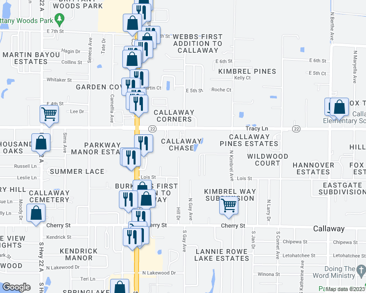 map of restaurants, bars, coffee shops, grocery stores, and more near 237 Callaway Chase Lane in Panama City