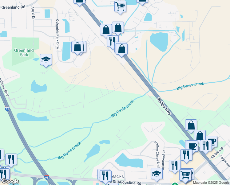 map of restaurants, bars, coffee shops, grocery stores, and more near 6778 Greenland Chase Boulevard in Jacksonville