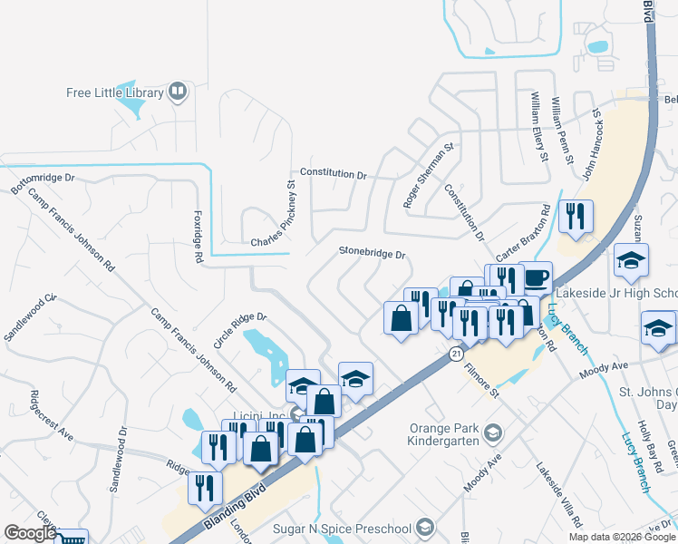 map of restaurants, bars, coffee shops, grocery stores, and more near 977 Cobblestone Drive in Orange Park