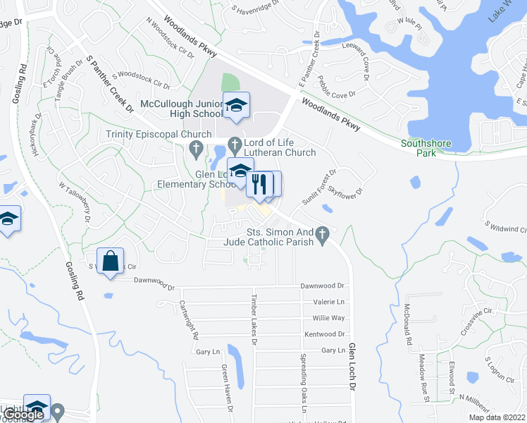 map of restaurants, bars, coffee shops, grocery stores, and more near 27130 Glen Loch Drive in The Woodlands