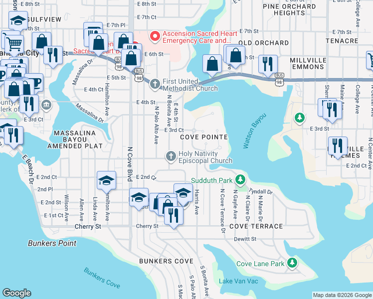 map of restaurants, bars, coffee shops, grocery stores, and more near 306 Mercedes Avenue in Panama City
