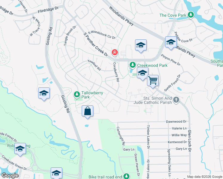 map of restaurants, bars, coffee shops, grocery stores, and more near 61 South Waxberry Road in The Woodlands