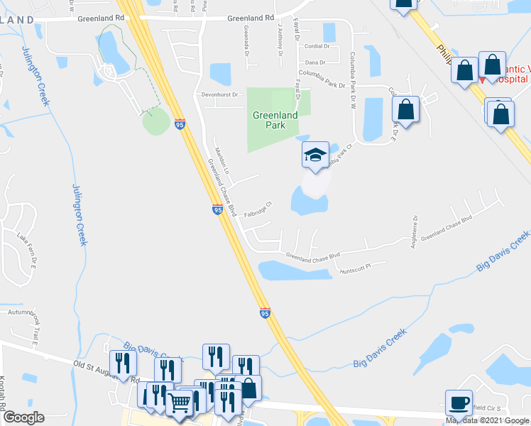 map of restaurants, bars, coffee shops, grocery stores, and more near 6330 Falbridge Court in Jacksonville