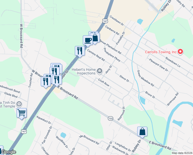map of restaurants, bars, coffee shops, grocery stores, and more near 309 Culloden Lane in Lafayette