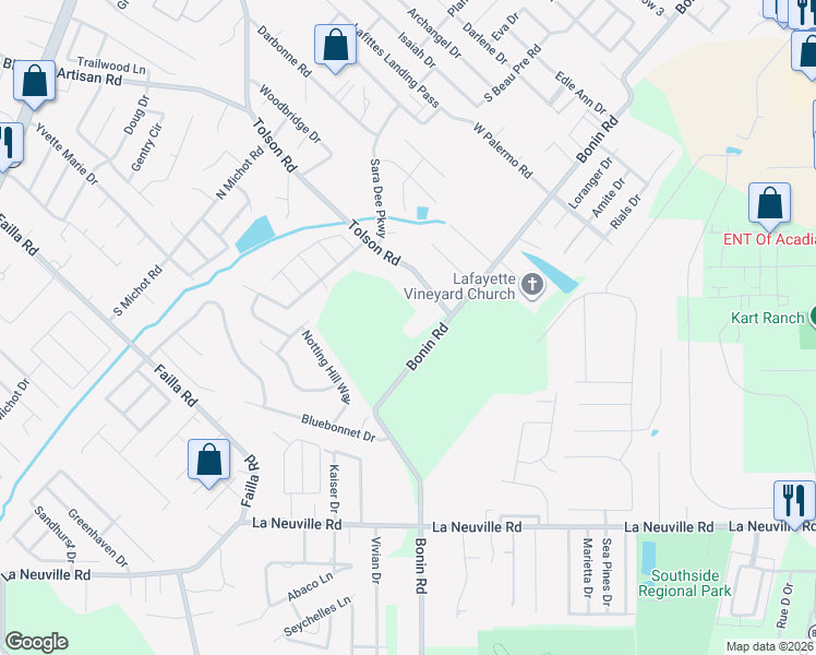 map of restaurants, bars, coffee shops, grocery stores, and more near 810 Bonin Road in Lafayette
