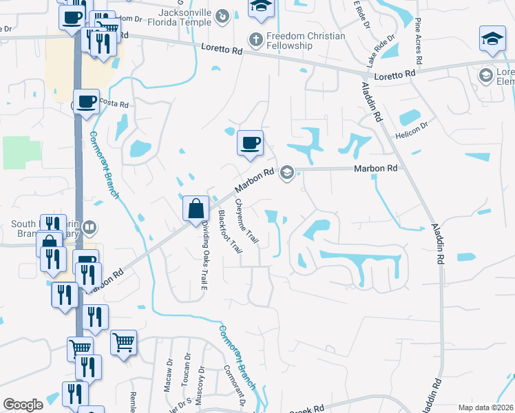 map of restaurants, bars, coffee shops, grocery stores, and more near 3382 Cheyenne Lane in Jacksonville