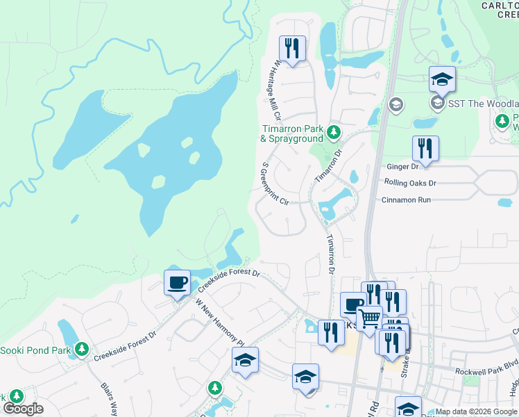 map of restaurants, bars, coffee shops, grocery stores, and more near 11 Pilot Rock Place in Tomball