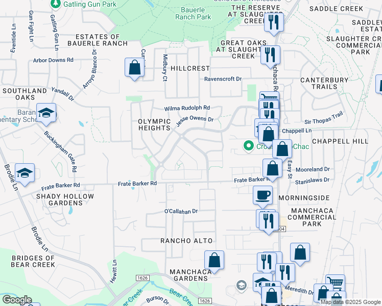map of restaurants, bars, coffee shops, grocery stores, and more near 11705 Raymond C Ewry Lane in Austin