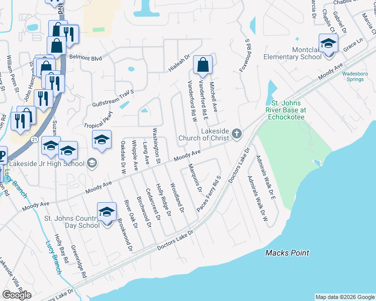 map of restaurants, bars, coffee shops, grocery stores, and more near 3400 Red Oak Circle in Orange Park