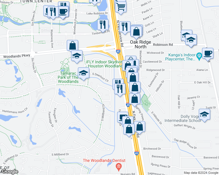 map of restaurants, bars, coffee shops, grocery stores, and more near 30 Woodhaven Wood Drive in Spring