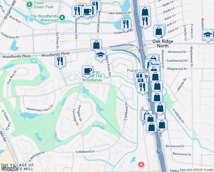 map of restaurants, bars, coffee shops, grocery stores, and more near 2 Box Turtle Lane in Spring
