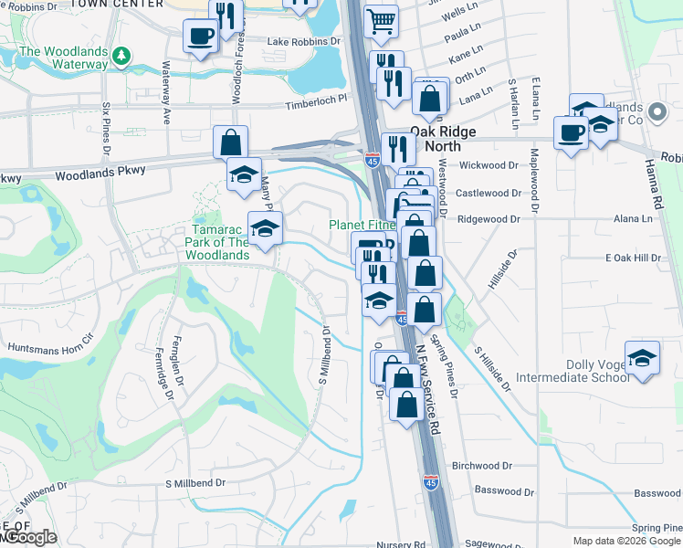 map of restaurants, bars, coffee shops, grocery stores, and more near 26 Woodhaven Wood Drive in Spring