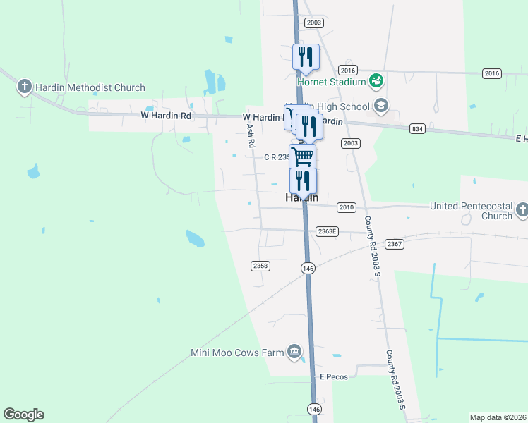 map of restaurants, bars, coffee shops, grocery stores, and more near 291 County Road 2362 in Liberty